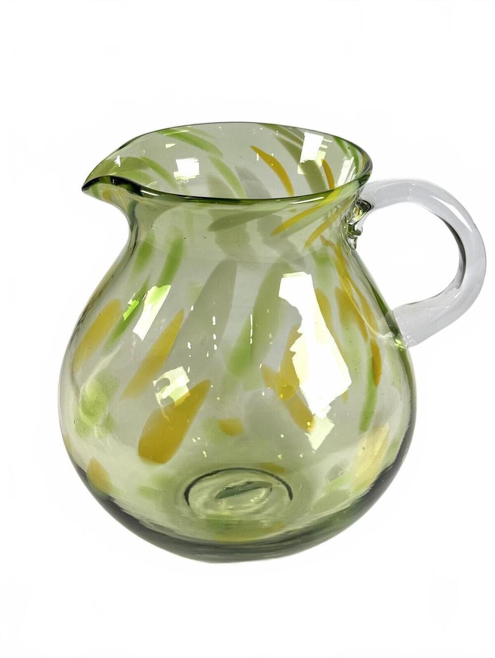 Vintage Hand Blown Green Art Glass Pitcher Jug Yellow Green Confetti Inclusions
